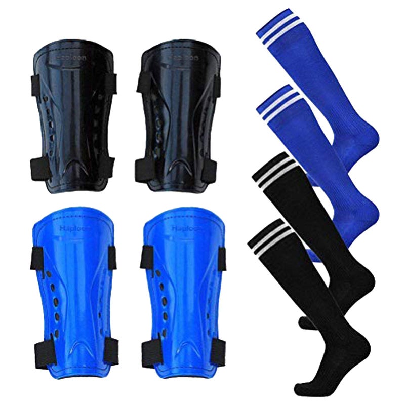 Haploon 2 Pair Soccer Shin Guards and Socks Football Shin Pads Protector Calf Knee Protective Gear for 5-10 Old Kids, Teenagers, Boys, Girls, with 2 Pair Long Sleeve Soccer Socks - Image 1